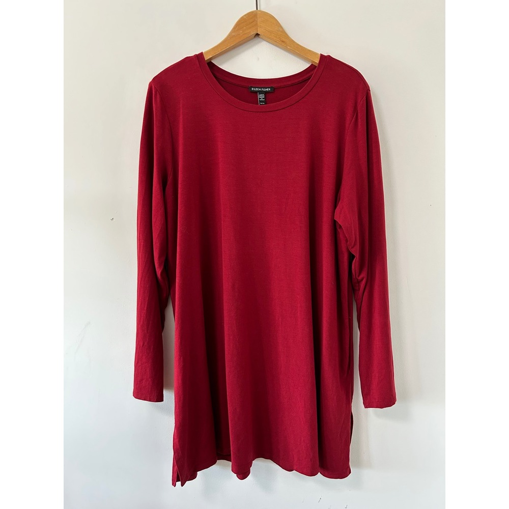 Eileen Fisher Tencel Lyocell Tunic Women XL Red Minimalist Long Sleeve Top